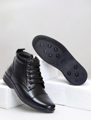 Zoom Shoes Genuine Leather High Ankle Boots Lace-up & Zipper Cushioned Insole Daily Comfort Boots For Men(Black , 5)