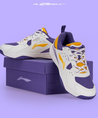 LI-NING Ultra Force Badminton Shoes For Men(White, Purple, Yellow , 8)