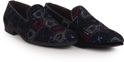 FAUSTO Silk Zardosi Sequin Velvet Ethnic Slip On Juttis for Wedding|Tuxedo Shoes Mojaris For Men(Blue , 6)