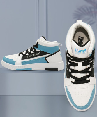 asian Tarzan-02 White Sneakers, Walking,Canvas,Stylish High Tops For Men(White, Blue , 8)