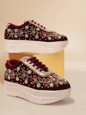 VENDOZ HAND EMBROIDERED BRIDAL WEDDING SHOES For Women(Maroon , 3)