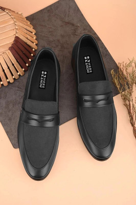 HERE&NOW Black Suede Formal Slip Ons Loafers For Men(Black , 6)