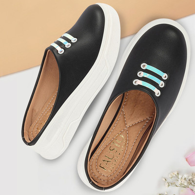 FAUSTO Outdoor Fashion Comfort Lace Design Open Back Platform Heel Slip On Casual Shoes Loafers For Women(Black , 9)