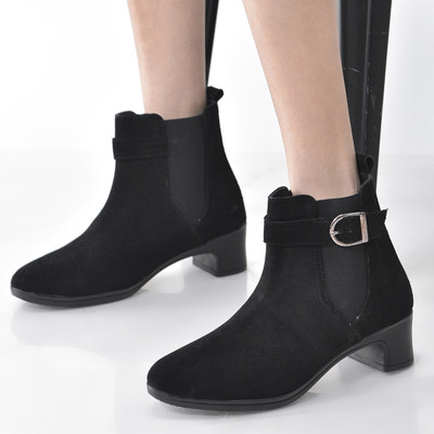 FAUSTO Flared Heel High Ankle Suede Leather Classic Winter Buckle Strap Chelsea Boots For Women(Black , 7)