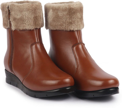 FAUSTO High Top Side Zipper Platform Wedge Heel|Winter Ankle Slip-On Boots For Women(Tan , 7)