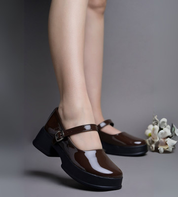 jm looks Classic Charm Mary Jane Shoes – Glossy Patent Flats with Buckle Strap Canvas Shoes For Women(Brown , 7)