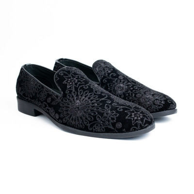 Bold Bunny Luxurious Embroidered Velvet Loafers with Intricate Floral Detailing Party Wear For Men(Black , 9)