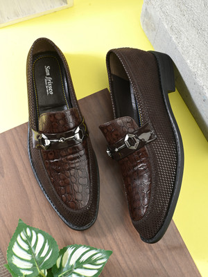 SAN FRISSCO Men brown textured formal wear comfortable slip on horsebit buckeled loafers Slip On For Men(Brown , 10)