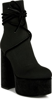 London Rag Black High Heeled Velvet Knitted Boot Boots For Women(Black , 6)