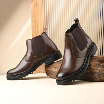 Shoe Island Men's Brown Leather Chelsea Boots | Slip-On Party Formals Casual Shoes for Men Boots For Men(Brown , 7)