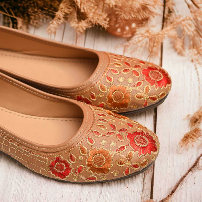 LEEFANT Jaipuri Embroidery Ballerinas / Girls Stylish Juttis For Wedding Party Bellies For Women(Brown , 4)
