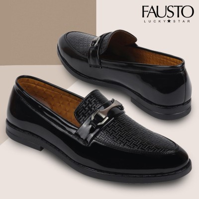 FAUSTO Patent Leather Party Office Horsebit Buckle with Textured Details Comfort Shoes Mojaris For Men(Black)