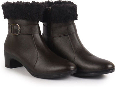 FAUSTO Flared Heel Classic Winter Buckle Strap Zipper Fur Boots|Work Boot|Western Dress Boots For Women(Brown , 4)