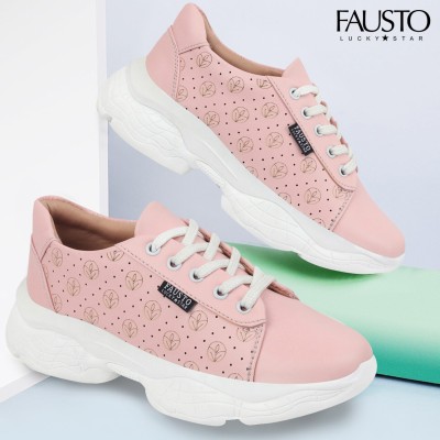 FAUSTO High Top Long Walk Sporty Chunky Lace Up Sneakers with Anti Skid Sole Sneakers For Women(Pink , 6)