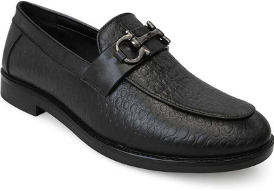 SHOECIDE Shoecide Men’s Black Textured Loafers with Metal Buckle – Formal & Casual Wear Loafers For Men(Black , 9)