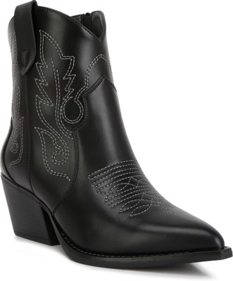 London Rag Black Ankle Length Block Heel Cowboy Boots Boots For Women(Black)