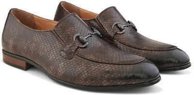 House of Pataudi Men textured formal offic wear durable slip on moccasins horsebit loafers shoes Slip On For Men(Brown , 6)