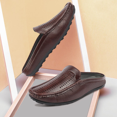 FAUSTO Basics Back Open Laser Cut Design Textured Casual Wedding Slip On Mojaris For Men(Brown , 6)