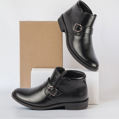 FAUSTO Mid Top Buckle Design Side Zipper Single Strap Monk Boots For Men(Black , 11)
