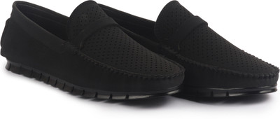 FAUSTO Laser Cut Suede Slip-On|Driving Loafers|Breathable|Memory Cushioned Insole Loafers For Men(Black , 7)