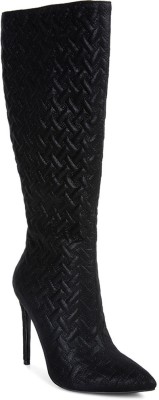 London Rag Black Quilted High Heeled Calf Boots Boots For Women(Black)