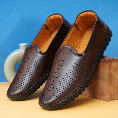 PROVOGUE Men’s Handmade Sole Stitch Loafers | Synthetic Leather Party Wear Shoes Loafers For Men(Brown , 9)