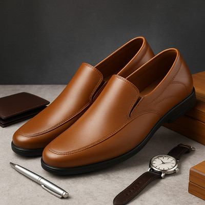 Connolly Men’s Formal Slip-On Leather Shoes | Square Toe | Anti-Skid Sole Loafers For Men(Tan , 9)