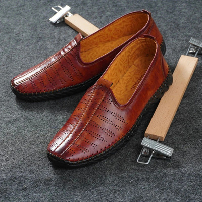 PROVOGUE Men’s Handmade Sole Stitch Loafers | Synthetic Leather Party Wear Shoes Loafers For Men(Tan , 8)