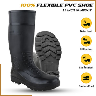foot trends Industrial Safety Gumboots, 15-inch, Oil and Acid Resistant, Anti-Slip, Boots For Men(Black , 9)