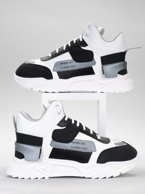 RapidBox Color Block Sneakers For Men(White, Silver , 9)