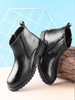 Roadster Men black solid round toe pu high top regular slip on office wear casual slip o Boots For Men(Black , 8)