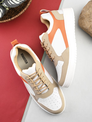 Roadster white beige colourblocked chunky round toe pu casual sneakers shoes Sneakers For Men(Beige, White , 8)