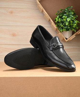 House of Pataudi Men black textured formal horesbit all purpose comfortable loafers moccasins For Men(Black , 9)