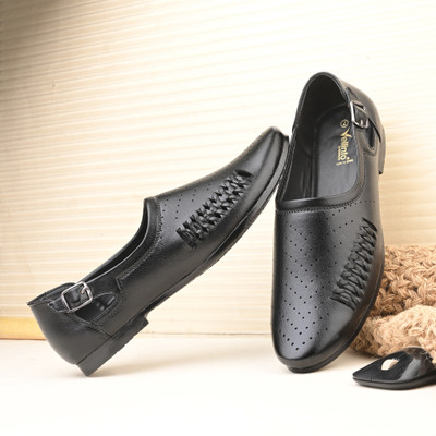 Vellinto Vellinto SHAHZAD Perforated Synthetic Leather Loafers with Stylish Buckle Detail Party Wear For Men(Black , 8)