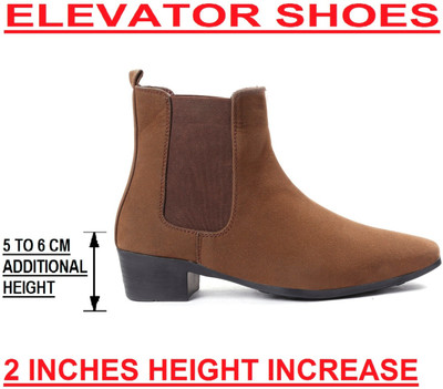 Baxxico Men's Height Increasing Suede Chelsea Slip-on Block Heel Boot Boots For Men(Brown , 9)