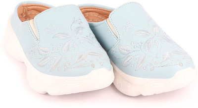 FAUSTO Leaf Print Embroidery Design Back Open Slip On Mules Shoes Casuals For Women(Blue , 6)