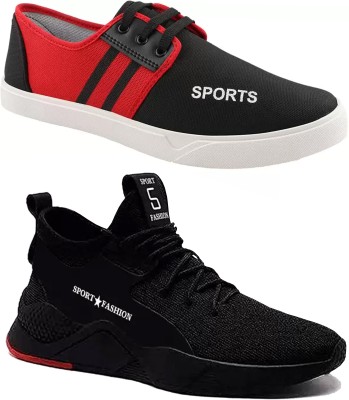 SFR Mid-Top Combo Pack of 02 Pairs Lace-ups Trainer Shoes Sneakers For Men(Red, Black)