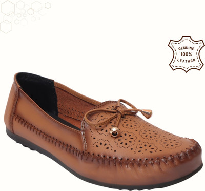 Zoom Shoes Genuine Leather Slip-On Stylish Lightweight Round Toe Flats for All-Day Comfort Loafers For Women(Tan , 4)