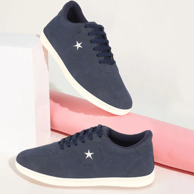 FAUSTO Classic Embroidery Star Upper Soft Suede Leather Lace Up Shoes Sneakers For Men(Navy , 10)