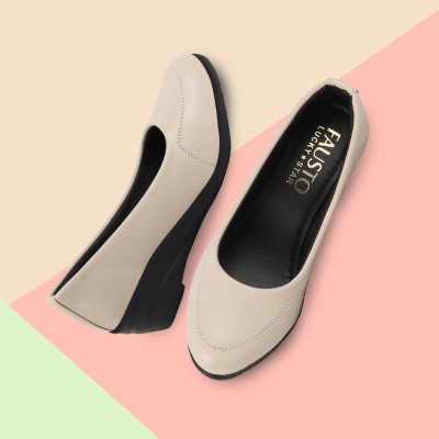 FAUSTO Formal Platform Wedge Heel Ballerina Shoes Slip On For Women(Beige)