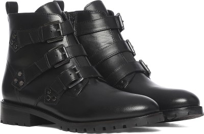 SAINT G Multi Buckle Leather Boots For Women(Black , 4)