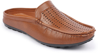 FAUSTO Basics Back Open Laser Cut Design Textured Casual Wedding Slip On Mojaris For Men(Tan , 6)