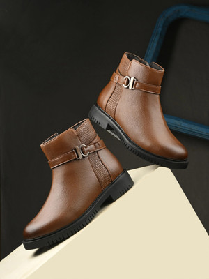 Roadster Stylish Textured Ankle Length Versatile Boots For Women(Tan , 8)
