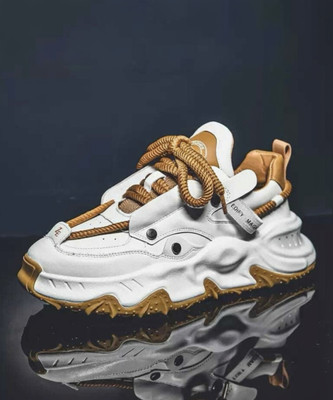 FREEMO Chunky & Fashionable Sneaker | Running Shoes with Rubber Outsole Running Shoes For Men(Gold, White , 8)