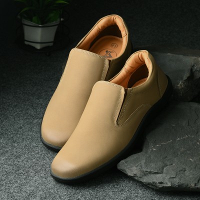 AUSERIO Men's Leather Slip On Sneaker Casual Shoes For Men | UK_10_SSE_169_KHAKI Slip On For Men(Beige)