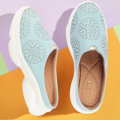 FAUSTO Laser Cut Design Back Open Slip On Mules Shoes Mojaris For Women(Blue)