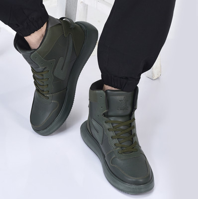 FAUSTO High Top Chunky Classic Lace Up Sneakers|High Ankle Sneakers|Lightweight Sneaker Sneakers For Men(Olive , 7)
