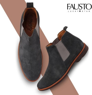 FAUSTO Suede Leather Outdoor Everyday High Ankle Classy Chelsea Mojaris For Men(Grey)