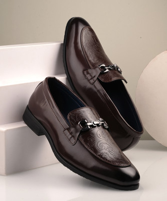 House of Pataudi Textured Casual Formal Slip On Loafer Without Laces|Perfect For Formal Wear Slip On For Men(Brown , 8)