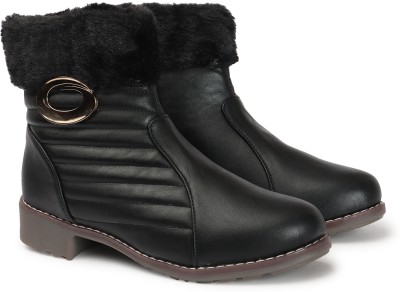Kliev Paris Women's Boots | Faux Leather with Fur Accent | Trendy, Comfortable, Zipper Boots Boots For Women(Black)